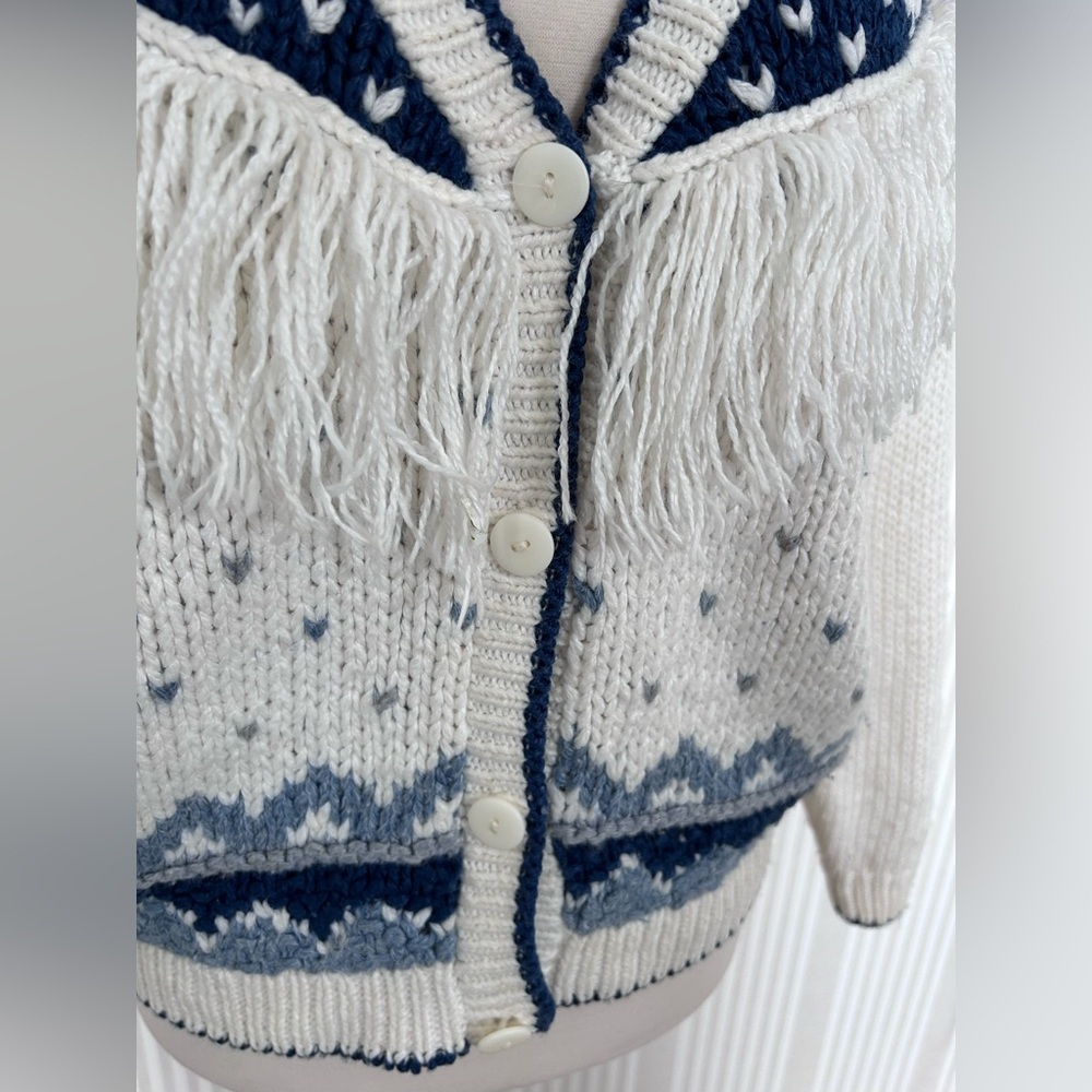 Vintage Huntington Ridge 80s Western Cardigan Sweater Small Blue Cream Fringe - Picture 5 of 5